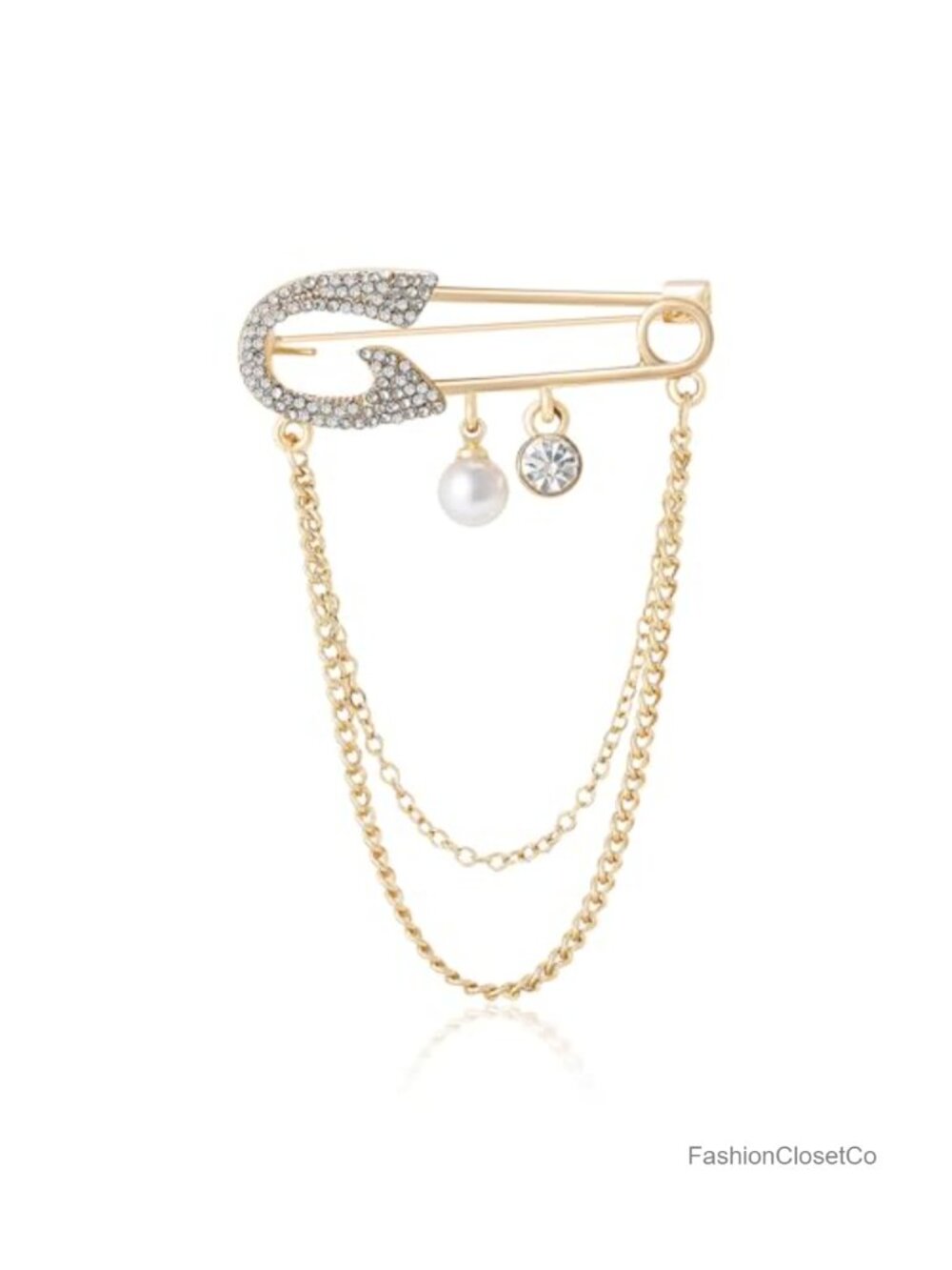 Safety Pin Brooch with Tassel Chains Cubic Zirconia Pearl Unisex Punk